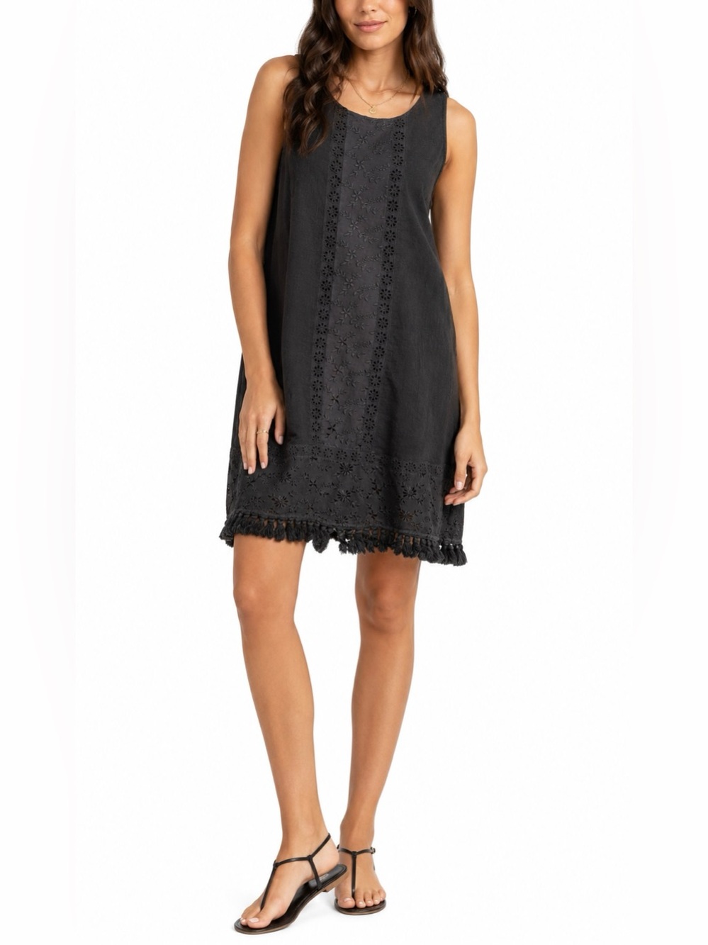 Sanctuary 100% Cotton Alicia Boheme Embroidered Fringe-Hem Dress Black Size XS